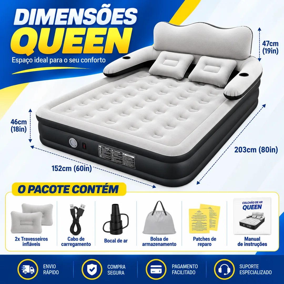 Colchão Inflável Queen com Encosto — dimensões 203×152×46 cm e itens inclusos no pacote